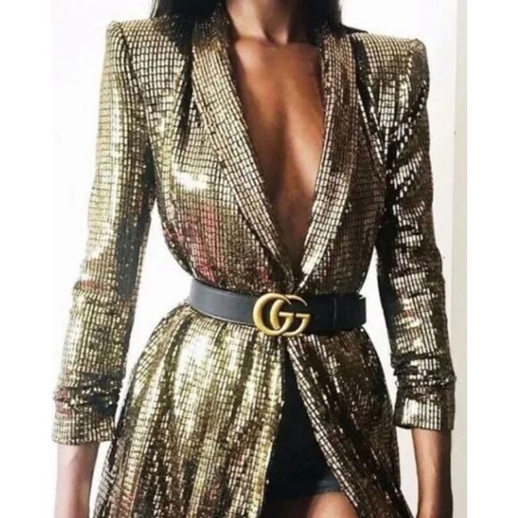 ZARA Gold Sequin Wrap Blazer Tuxedo Dress, XS $159 - Picture 2 of 13